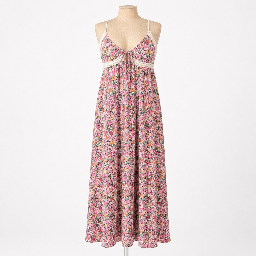 Floral Lace Babydoll Maxi Dress Size S Pink Stretch Resort Beach Vacation Cruise